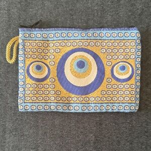 Embroidered Blue and Gold coin purse/wallet w/ zipper. Greek eye of protection 🧿